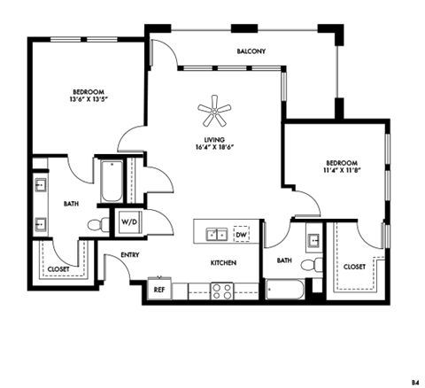 A floor plan of a house with a living room, kitchen, two bedrooms, and a bathroom.